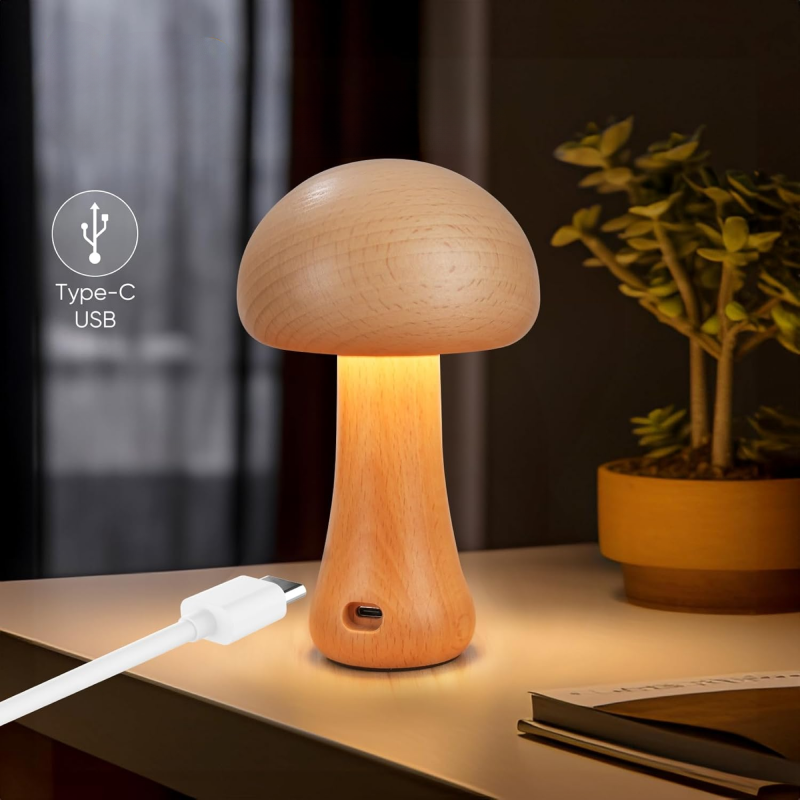 Luminária de Mesa Cogumelo Madeira Nogueira